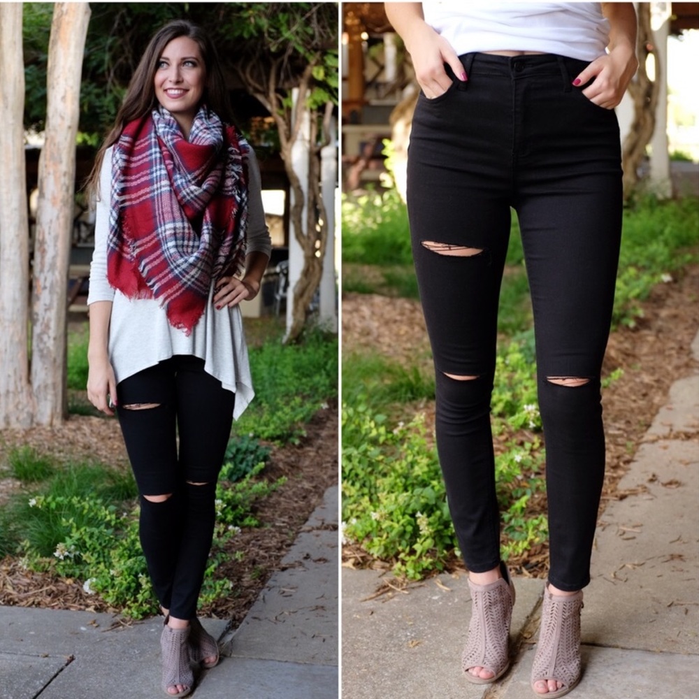 Black Distressed High Waist Skinny Jeans